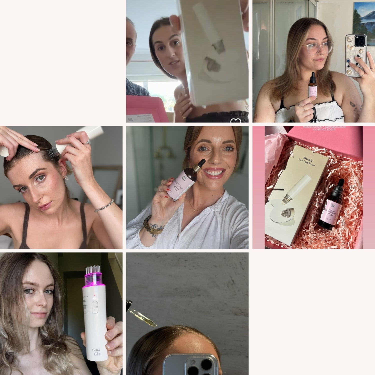 Happy customers holding grow glow scalp and hair oiling products